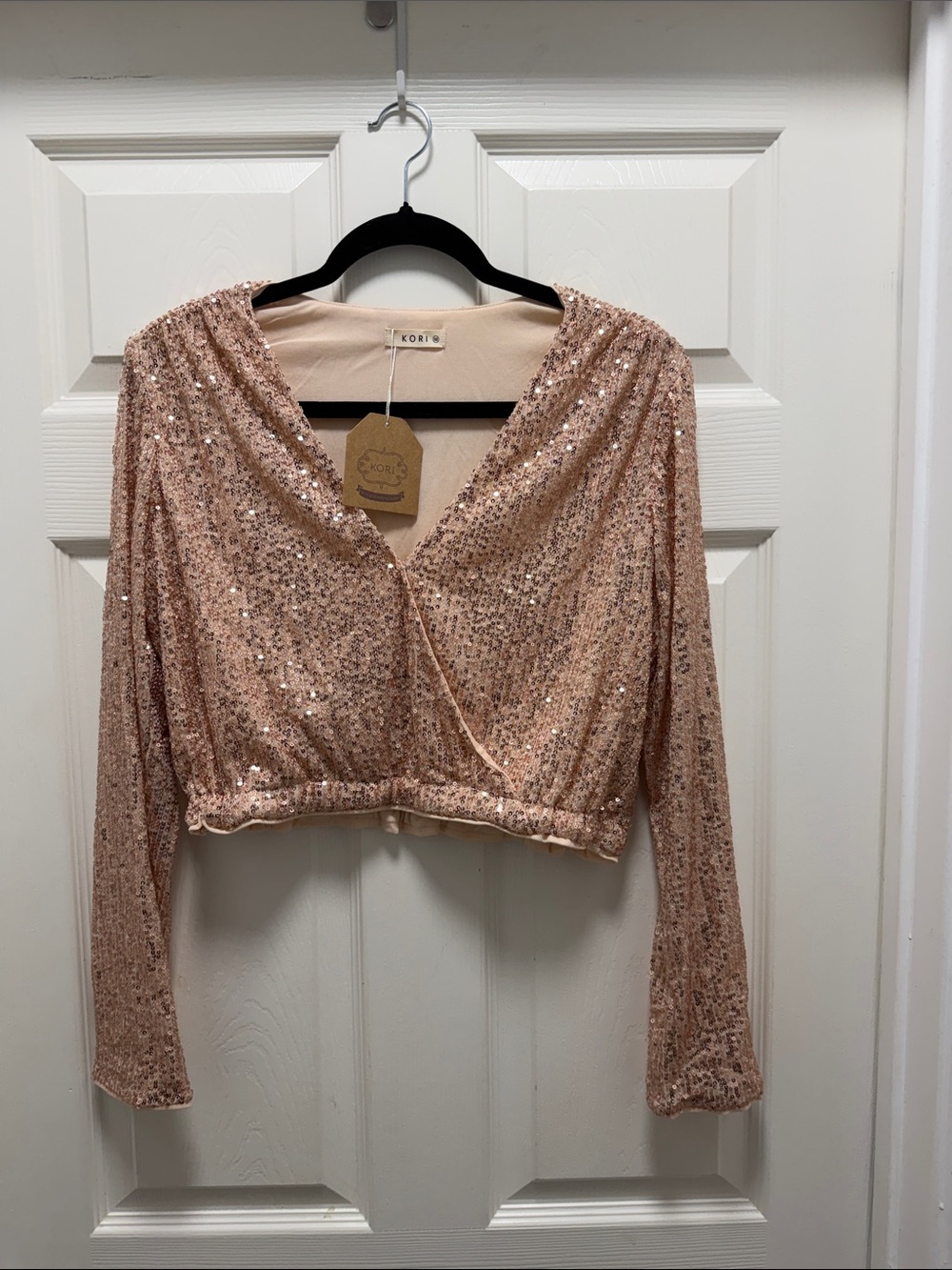 Kori Rose Gold Sequin Cropped Wrap Blouse